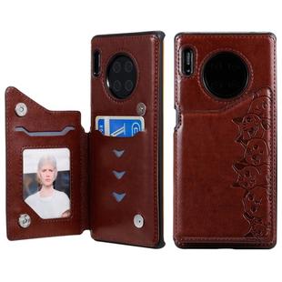 For Huawei Mate 30 Pro Six Cats Embossing Pattern Protective Case with Holder & Card Slots & Photo Frame(Brown)