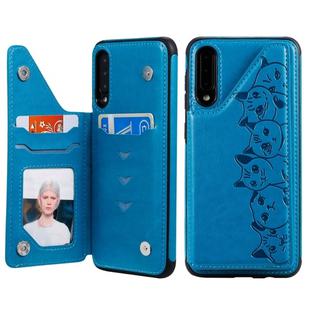 For Galaxy A50 Six Cats Embossing Pattern Protective Case with Holder & Card Slots & Photo Frame(Blue)