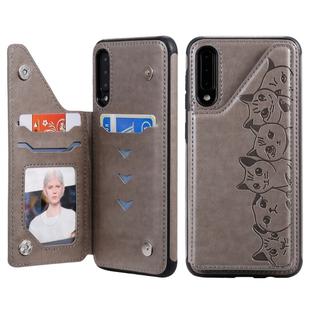 For Galaxy A50 Six Cats Embossing Pattern Protective Case with Holder & Card Slots & Photo Frame(Grey)