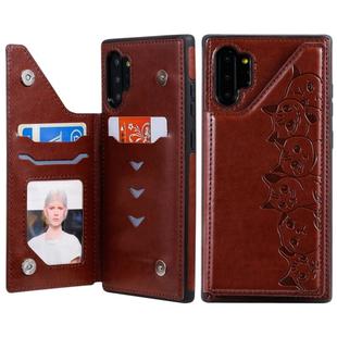 For Galaxy Note 10+ Six Cats Embossing Pattern Protective Case with Holder & Card Slots & Photo Frame(Brown)