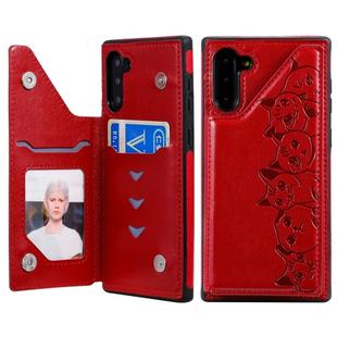 For Galaxy Note 10 Six Cats Embossing Pattern Protective Case with Holder & Card Slots & Photo Frame(Red)