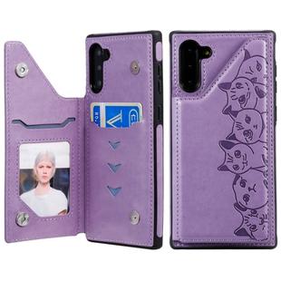 For Galaxy Note 10 Six Cats Embossing Pattern Protective Case with Holder & Card Slots & Photo Frame(Purple)