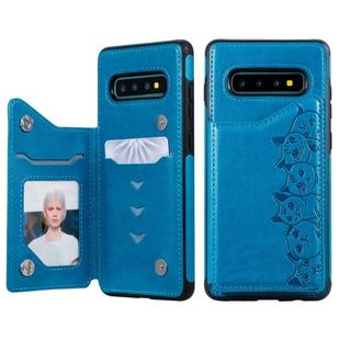 For Galaxy S10+ Six Cats Embossing Pattern Protective Case with Holder & Card Slots & Photo Frame(Blue)