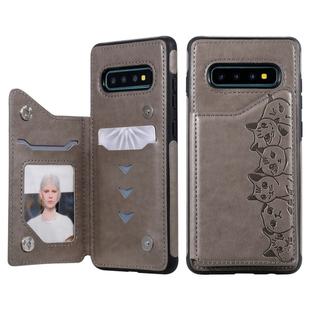 For Galaxy S10+ Six Cats Embossing Pattern Protective Case with Holder & Card Slots & Photo Frame(Grey)