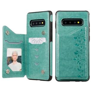 For Galaxy S10+ Six Cats Embossing Pattern Protective Case with Holder & Card Slots & Photo Frame(Green)