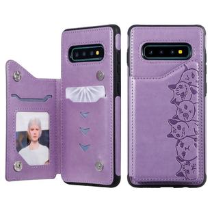 For Galaxy S10+ Six Cats Embossing Pattern Protective Case with Holder & Card Slots & Photo Frame(Purple)