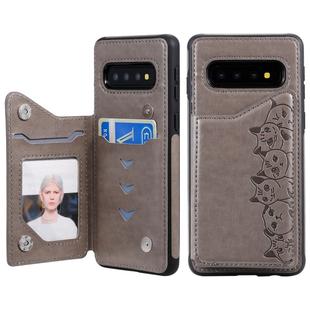 For Galaxy S10 Six Cats Embossing Pattern Protective Case with Holder & Card Slots & Photo Frame(Grey)