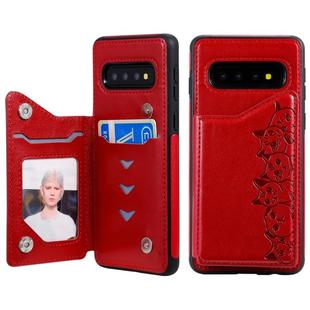 For Galaxy S10 Six Cats Embossing Pattern Protective Case with Holder & Card Slots & Photo Frame(Red)