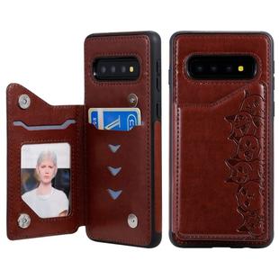 For Galaxy S10 Six Cats Embossing Pattern Protective Case with Holder & Card Slots & Photo Frame(Brown)