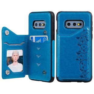 For Galaxy S10e Six Cats Embossing Pattern Protective Case with Holder & Card Slots & Photo Frame(Blue)