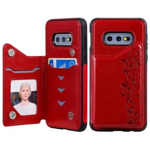 For Galaxy S10e Six Cats Embossing Pattern Protective Case with Holder & Card Slots & Photo Frame(Red)