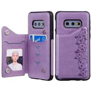 For Galaxy S10e Six Cats Embossing Pattern Protective Case with Holder & Card Slots & Photo Frame(Purple)