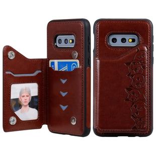For Galaxy S10e Six Cats Embossing Pattern Protective Case with Holder & Card Slots & Photo Frame(Brown)