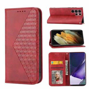 For Samsung Galaxy S22 Ultra 5G Cubic Grid Calf Texture Magnetic Closure Leather Phone Case(Red)