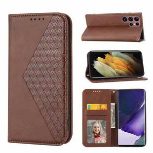 For Samsung Galaxy S22 Ultra 5G Cubic Grid Calf Texture Magnetic Closure Leather Phone Case(Brown)