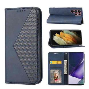 For Samsung Galaxy S22 Ultra 5G Cubic Grid Calf Texture Magnetic Closure Leather Phone Case(Blue)