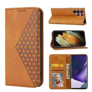 For Samsung Galaxy S22 Ultra 5G Cubic Grid Calf Texture Magnetic Closure Leather Phone Case(Yellow)
