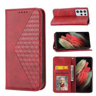 For Samsung Galaxy S21 Ultra 5G Cubic Grid Calf Texture Magnetic Closure Leather Phone Case(Red)