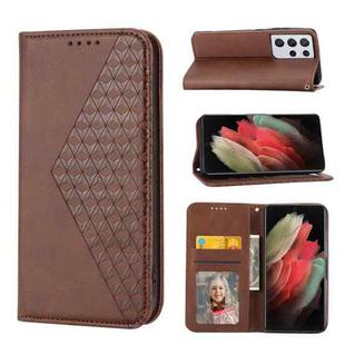 For Samsung Galaxy S21 Ultra 5G Cubic Grid Calf Texture Magnetic Closure Leather Phone Case(Brown)