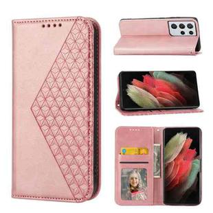For Samsung Galaxy S21 Ultra 5G Cubic Grid Calf Texture Magnetic Closure Leather Phone Case(Rose Gold)