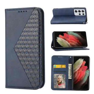 For Samsung Galaxy S21 Ultra 5G Cubic Grid Calf Texture Magnetic Closure Leather Phone Case(Blue)