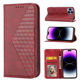 For iPhone 14 Pro Cubic Grid Calf Texture Magnetic Closure Leather Phone Case(Red)