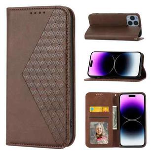 For iPhone 14 Pro Cubic Grid Calf Texture Magnetic Closure Leather Phone Case(Brown)