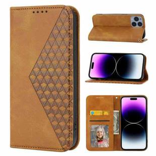 For iPhone 14 Pro Cubic Grid Calf Texture Magnetic Closure Leather Phone Case(Yellow)