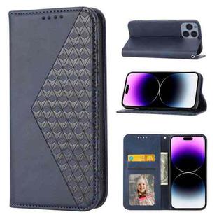 For iPhone 14 Pro Max Cubic Grid Calf Texture Magnetic Closure Leather Phone Case(Blue)