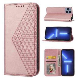 For iPhone 13 Pro Max Cubic Grid Calf Texture Magnetic Closure Leather Phone Case(Rose Gold)