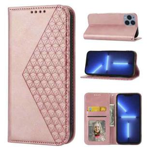 For iPhone 12 Pro Max Cubic Grid Calf Texture Magnetic Closure Leather Phone Case(Rose Gold)