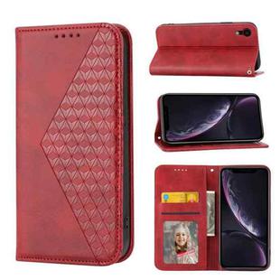 For iPhone XR Cubic Grid Calf Texture Magnetic Closure Leather Phone Case(Red)