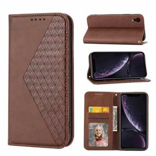 For iPhone XR Cubic Grid Calf Texture Magnetic Closure Leather Phone Case(Brown)