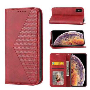 For iPhone XS Max Cubic Grid Calf Texture Magnetic Closure Leather Phone Case(Red)