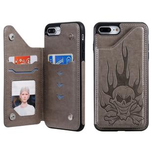 For iPhone 8 Plus / 7 Plus Skull Head Embossing Pattern Shockproof Protective Case with Holder & Card Slots & Wallet(Grey)