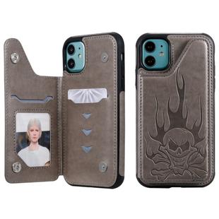 For iPhone 11 Skull Head Embossing Pattern Shockproof Protective Case with Holder & Card Slots & Wallet(Grey)