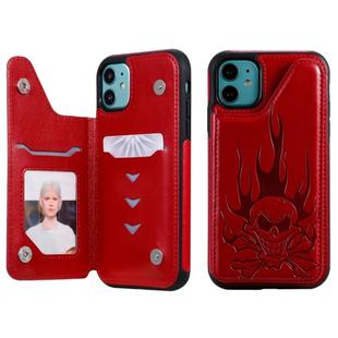 For iPhone 11 Skull Head Embossing Pattern Shockproof Protective Case with Holder & Card Slots & Wallet(Red)