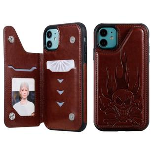 For iPhone 11 Skull Head Embossing Pattern Shockproof Protective Case with Holder & Card Slots & Wallet(Brown)