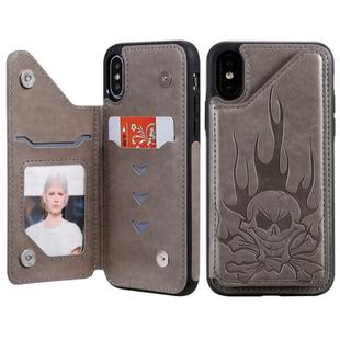 For iPhone X / XS Skull Head Embossing Pattern Shockproof Protective Case with Holder & Card Slots & Wallet(Grey)