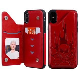 For iPhone X / XS Skull Head Embossing Pattern Shockproof Protective Case with Holder & Card Slots & Wallet(Red)