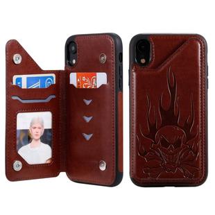 For iPhone XR Skull Head Embossing Pattern Shockproof Protective Case with Holder & Card Slots & Wallet(Brown)