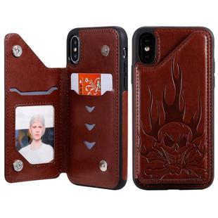 For iPhone XS Max Skull Head Embossing Pattern Shockproof Protective Case with Holder & Card Slots & Wallet(Brown)