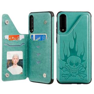 For Galaxy A50 Skull Head Embossing Pattern Shockproof Protective Case with Holder & Card Slots & Wallet(Green)