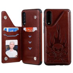 For Galaxy A50 Skull Head Embossing Pattern Shockproof Protective Case with Holder & Card Slots & Wallet(Brown)