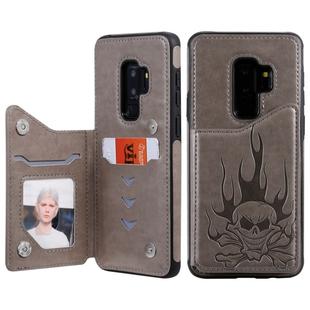 For Galaxy S9+ Skull Head Embossing Pattern Shockproof Protective Case with Holder & Card Slots & Wallet(Grey)