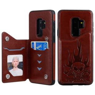 For Galaxy S9+ Skull Head Embossing Pattern Shockproof Protective Case with Holder & Card Slots & Wallet(Brown)