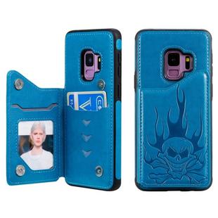 For Galaxy S9 Skull Head Embossing Pattern Shockproof Protective Case with Holder & Card Slots & Wallet(Blue)