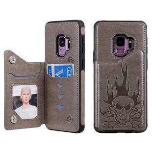 For Galaxy S9 Skull Head Embossing Pattern Shockproof Protective Case with Holder & Card Slots & Wallet(Grey)