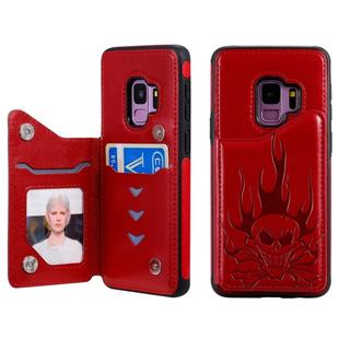 For Galaxy S9 Skull Head Embossing Pattern Shockproof Protective Case with Holder & Card Slots & Wallet(Red)