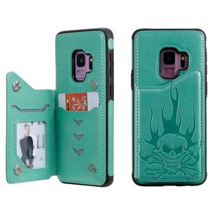 For Galaxy S9 Skull Head Embossing Pattern Shockproof Protective Case with Holder & Card Slots & Wallet(Green)